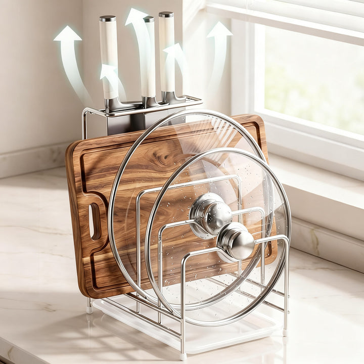 Stainless steel kitchen shelf for knives, boards, and lids