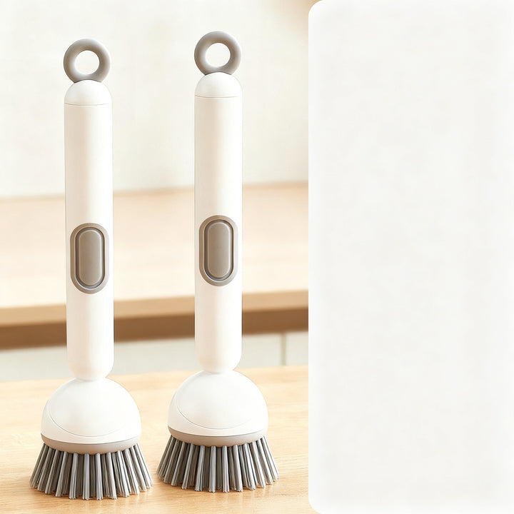 Pot brush with long handle and liquid dispenser