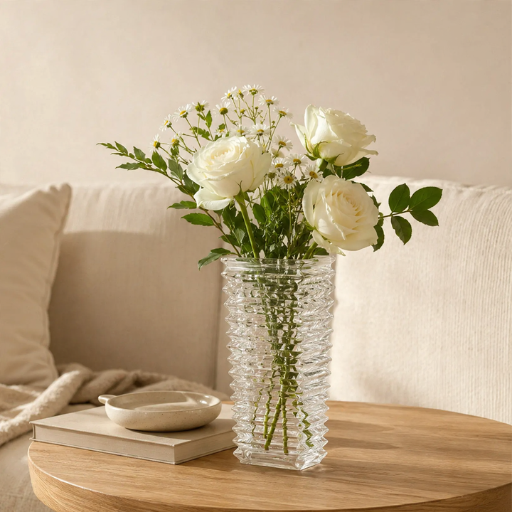 Transparent glass vase with wave pattern, rectangular