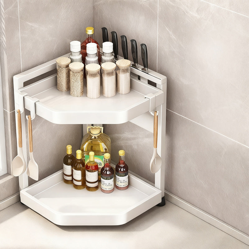 Triangular corner shelf for kitchen counter, multi-tiered