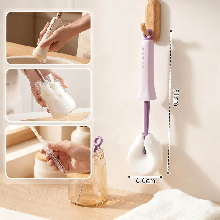 Long handle brush with squeezing function for cups and bottles