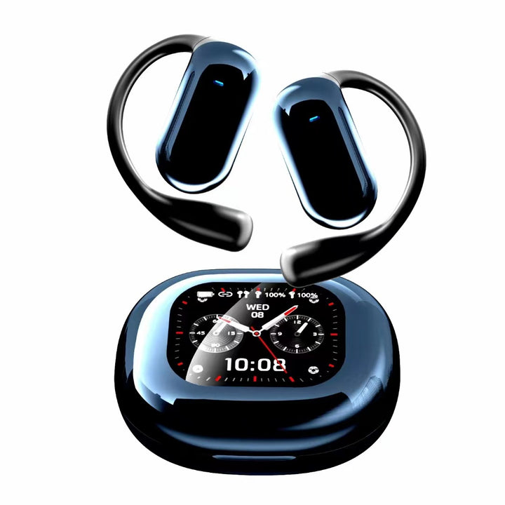 Bluetooth earbuds, open, color touchscreen