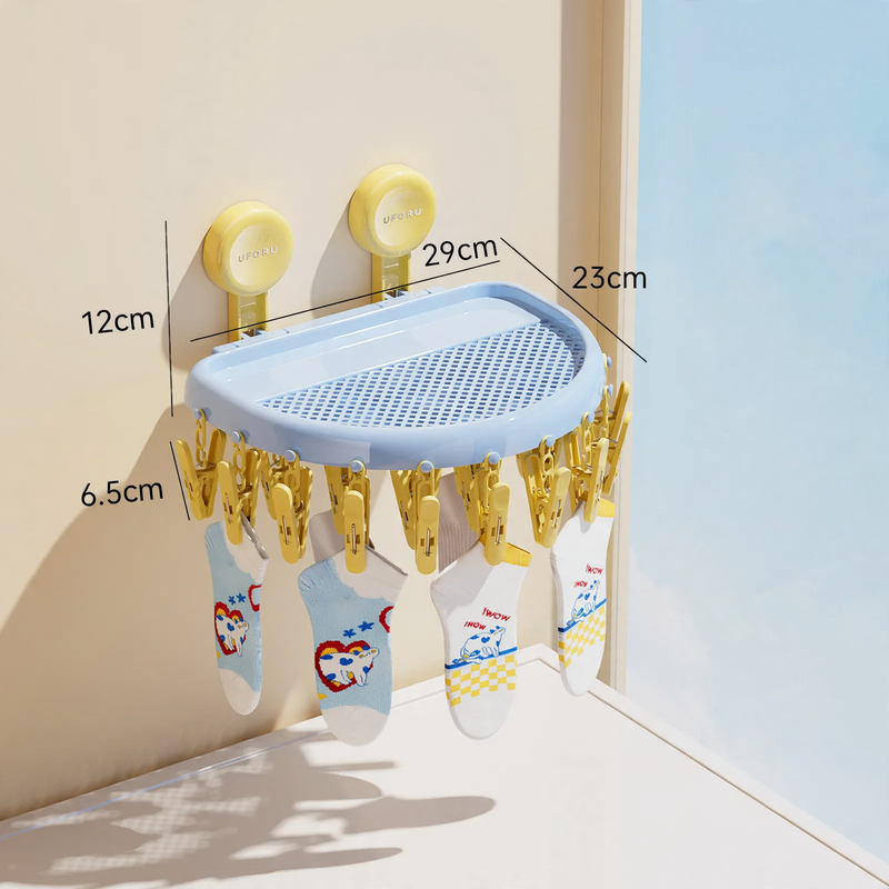Clothes drying rack with suction cup and 24 clips