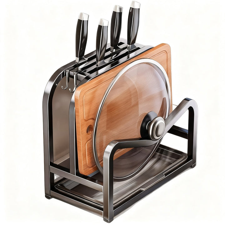 Knife block with cutting board and pot lid holder