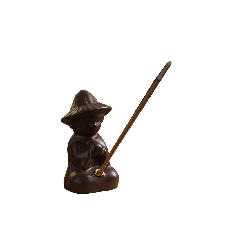 Incense stick holder lotus leaf and fisherman, resin