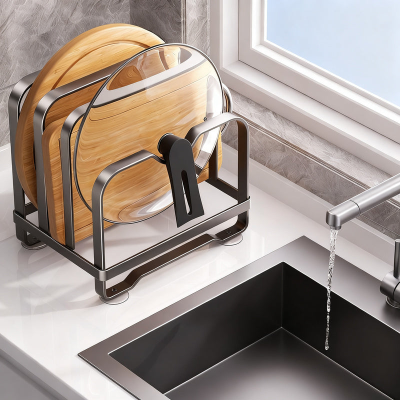 Kitchen stand for lids, knives, and cutting boards
