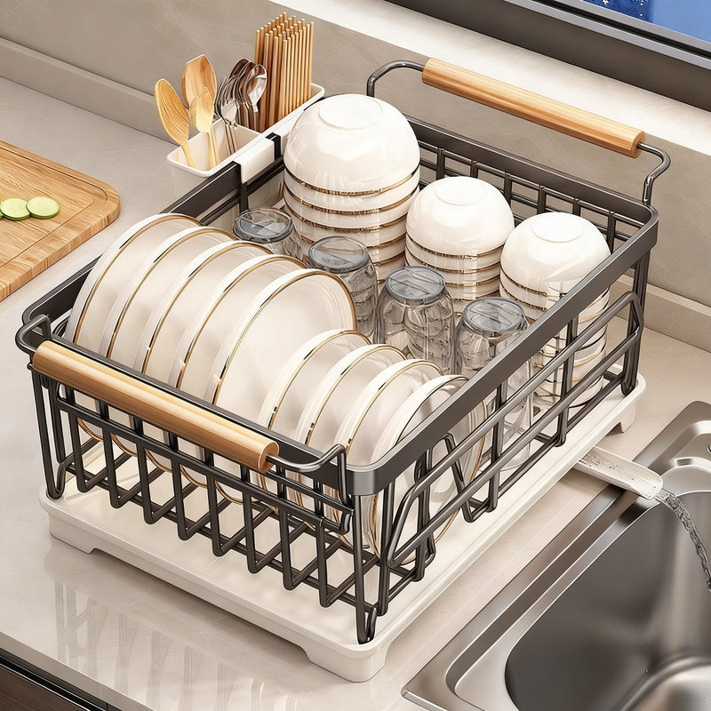 Stainless steel dish rack with draining basket