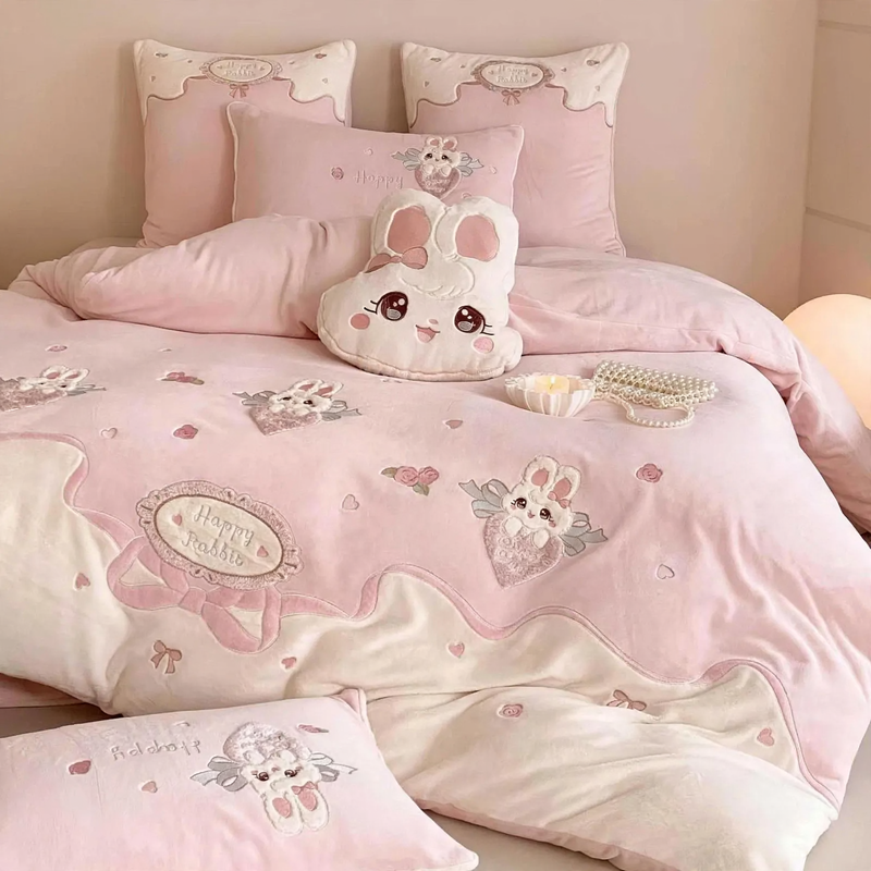 Bedding set 4-piece, milk fleece, cartoon pattern