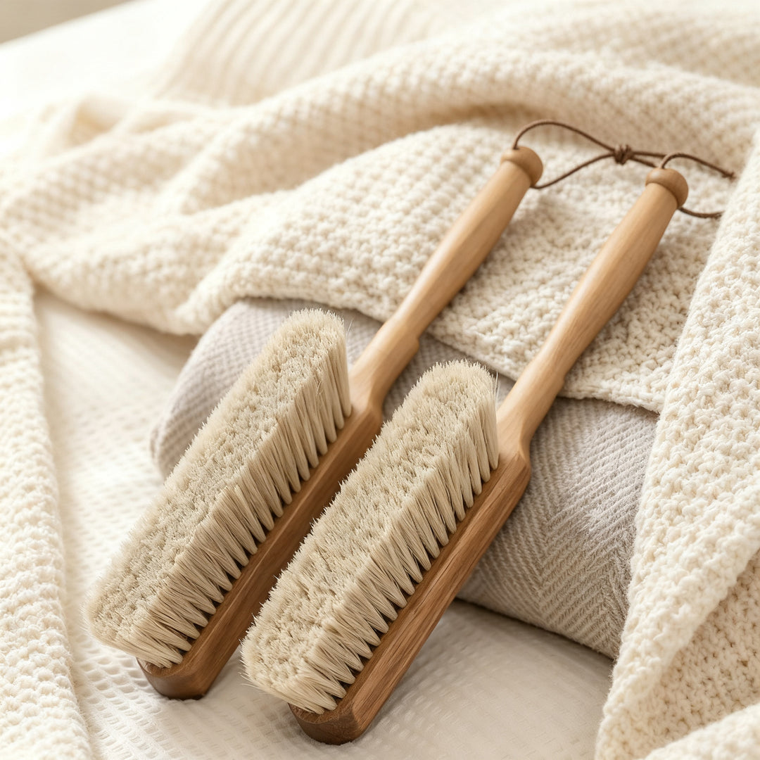 Bed brush with soft bristles and long handle