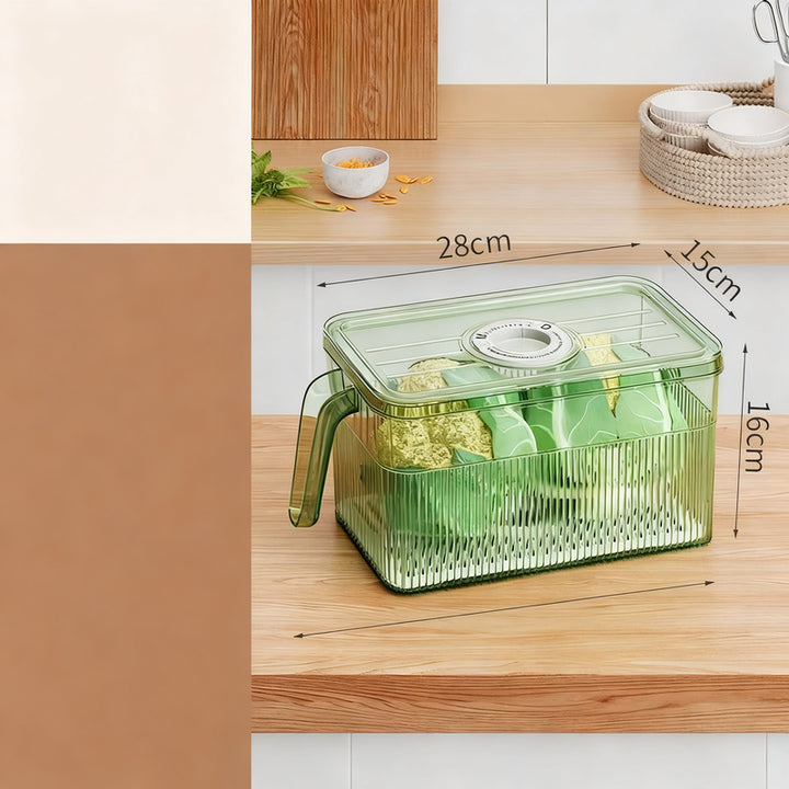 Refrigerator storage container with drain and timer function