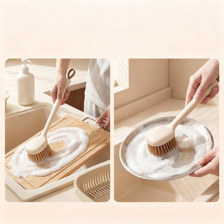 Long handle pot brush, scratch-resistant