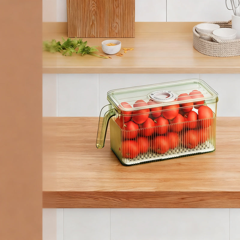 Refrigerator storage container with drain and timer function