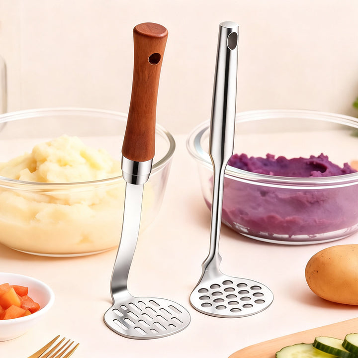 Stainless steel potato press