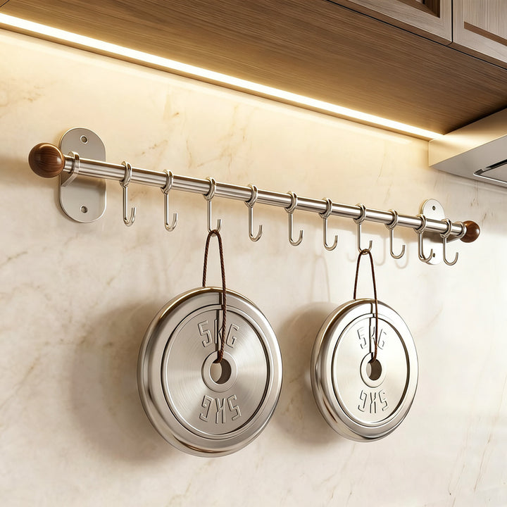 Wall mount made of stainless steel with hooks for kitchen utensils