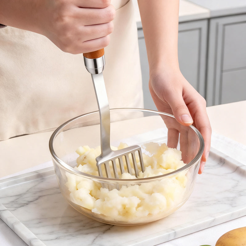Stainless steel potato press