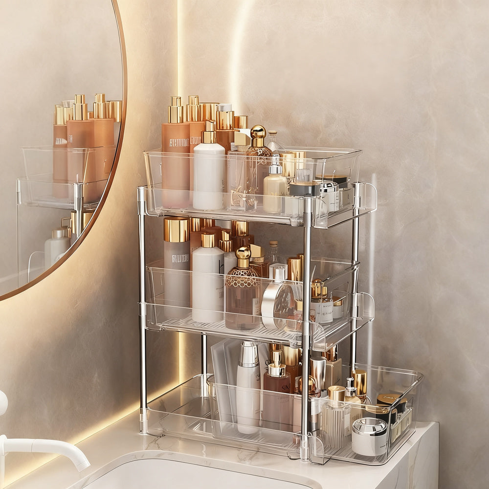 Transparent storage box for cosmetics and small parts