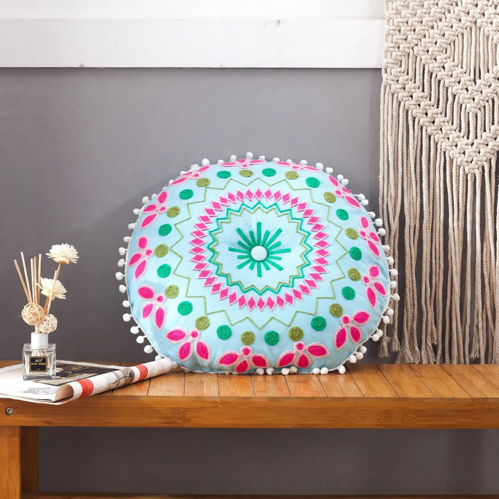 Round seat cushion, hand-embroidered, Boho style