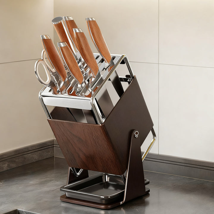 Rotating knife block made of stainless steel with accessories