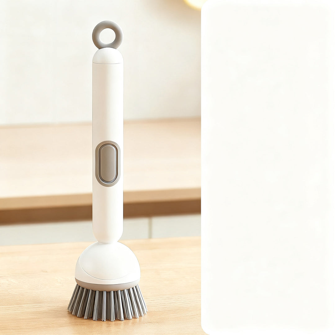 Pot brush with long handle and liquid dispenser