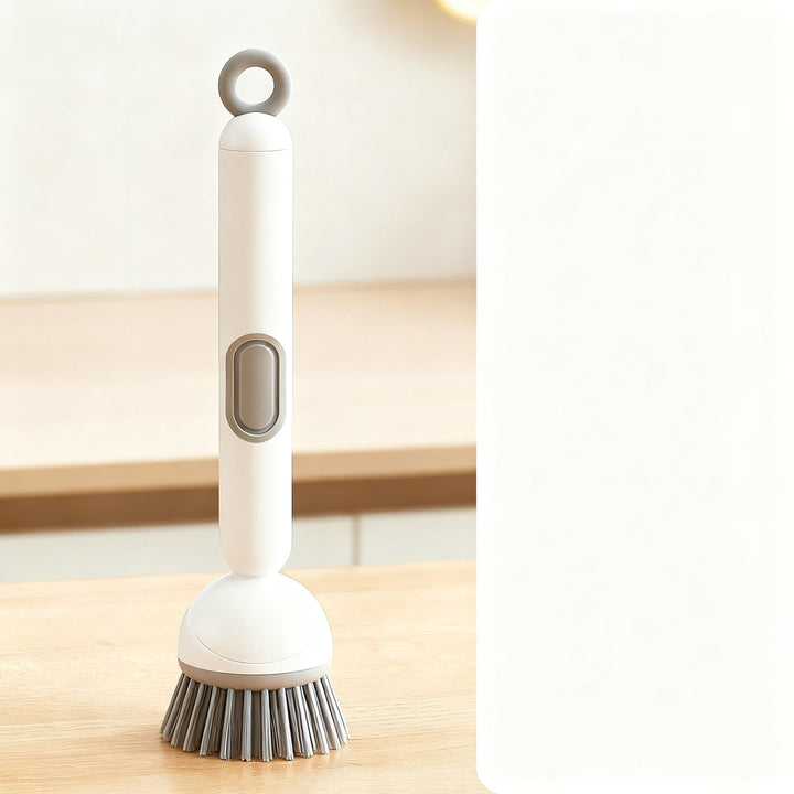 Pot brush with long handle and liquid dispenser