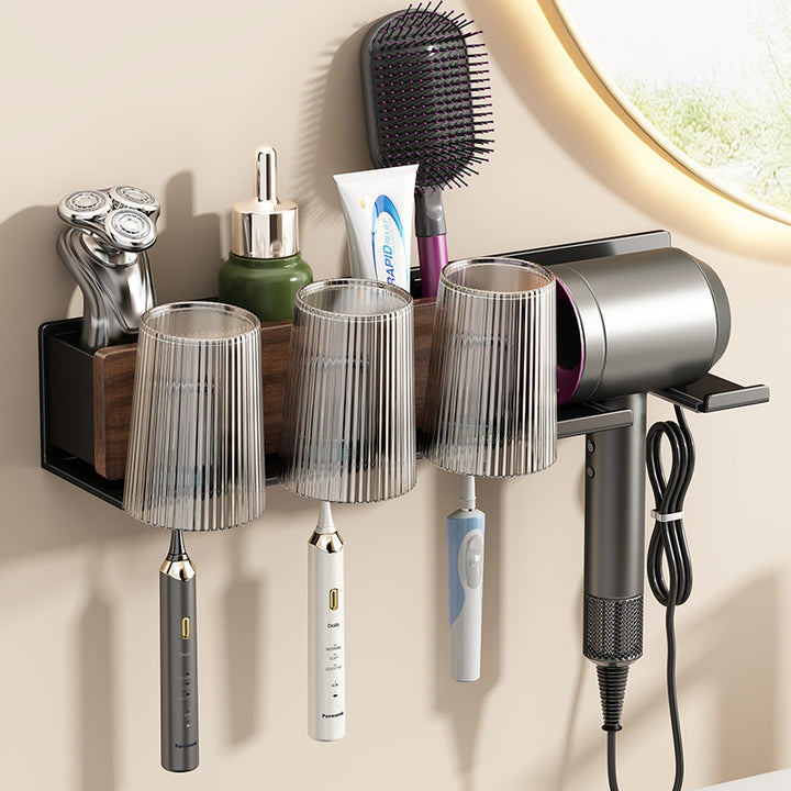 Toothbrush holder with hairdryer holder, wall-mounted