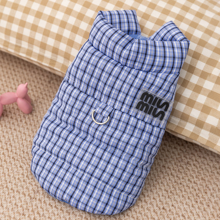 Dog jacket, check pattern, with leash, cotton