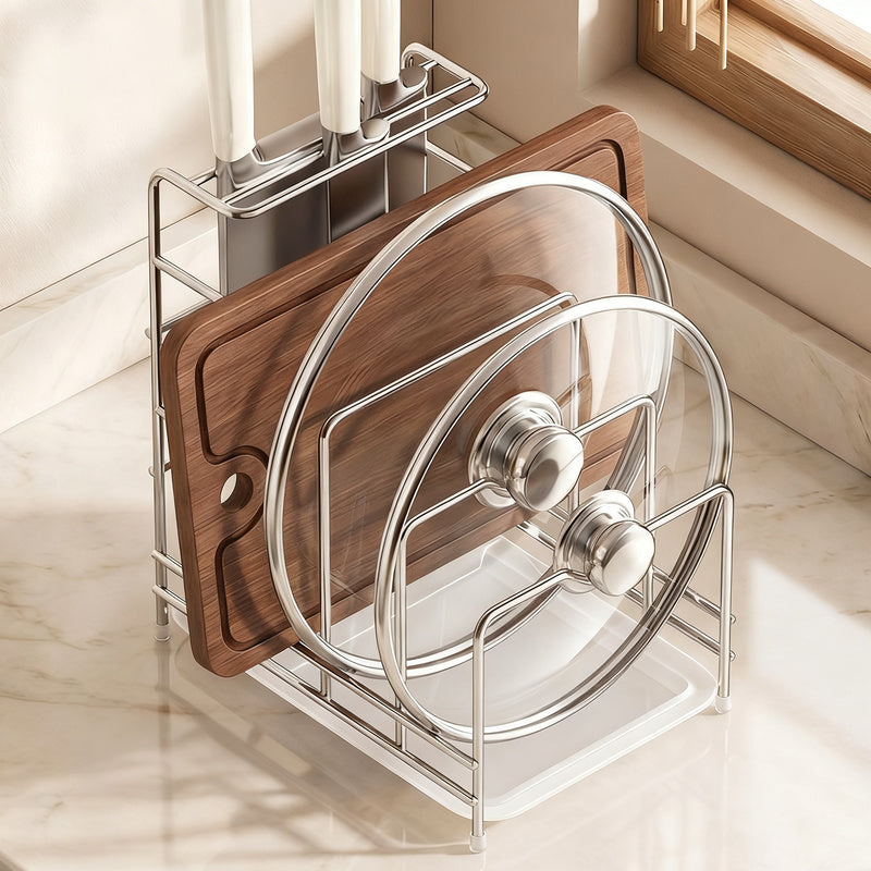Stainless steel kitchen shelf for knives, boards, and lids