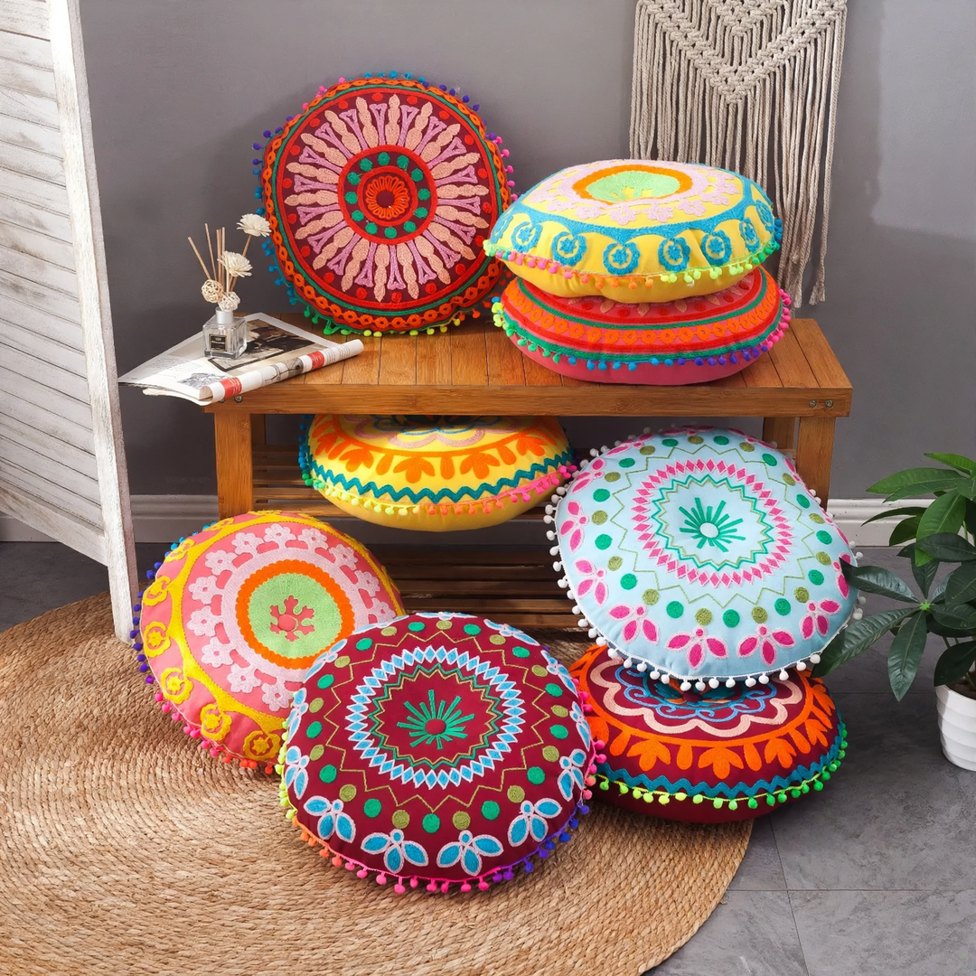 Round seat cushion, hand-embroidered, Boho style