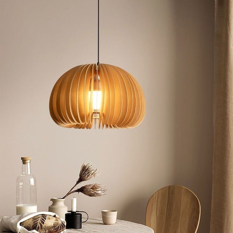 Wooden hanging lamp with LED, height adjustable
