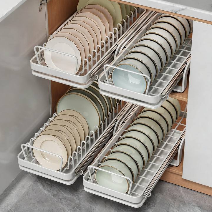 Extendable dish rack for kitchen cabinets