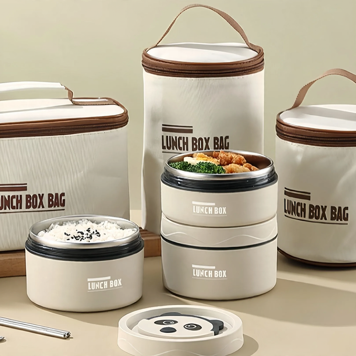Stainless steel lunch box, round, 470–600 ml, with lid