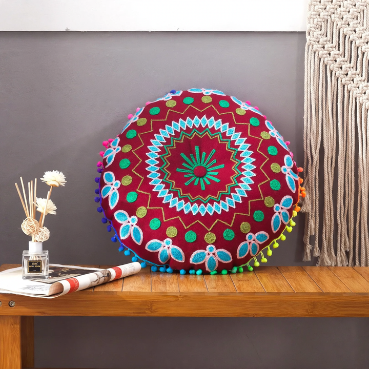 Round seat cushion, hand-embroidered, Boho style