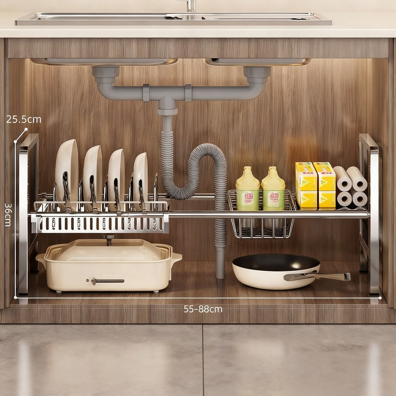 Expandable under-sink shelf for the kitchen