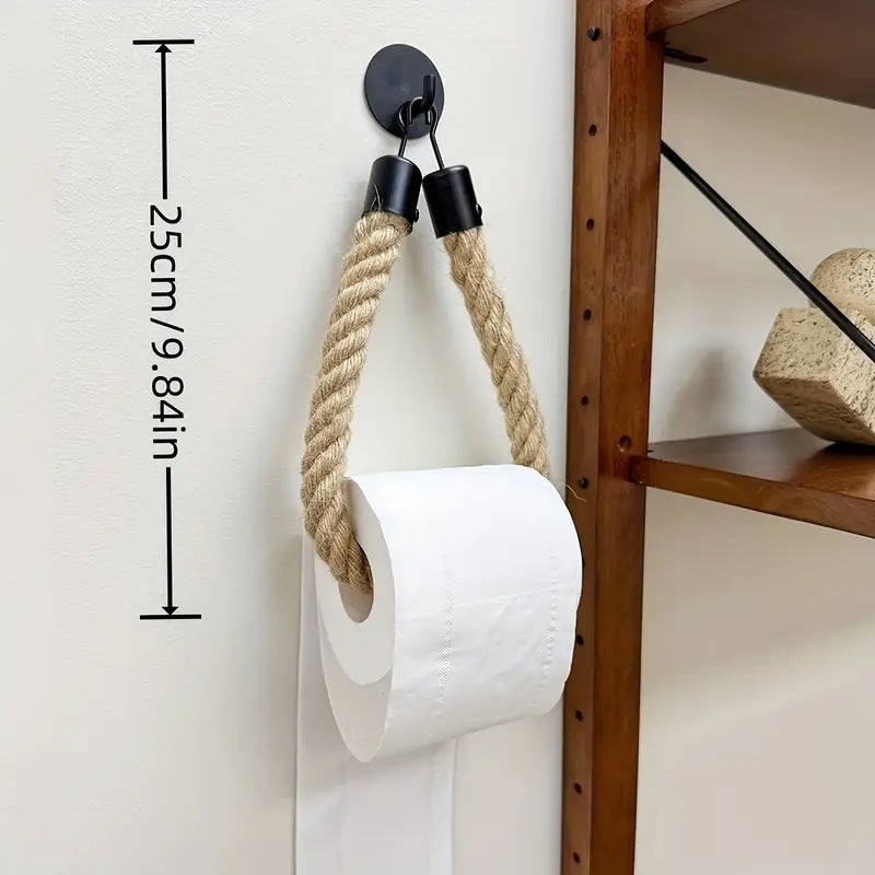 Toilet paper holder with rope and metal hook