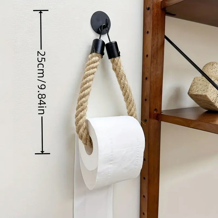 Toilet paper holder with rope and metal hook
