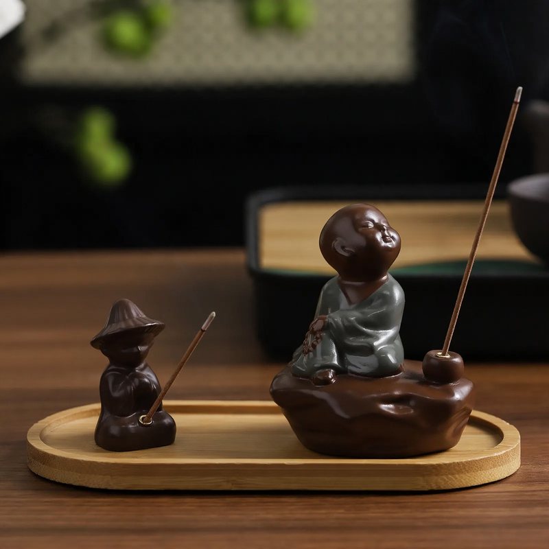 Incense stick holder lotus leaf and fisherman, resin
