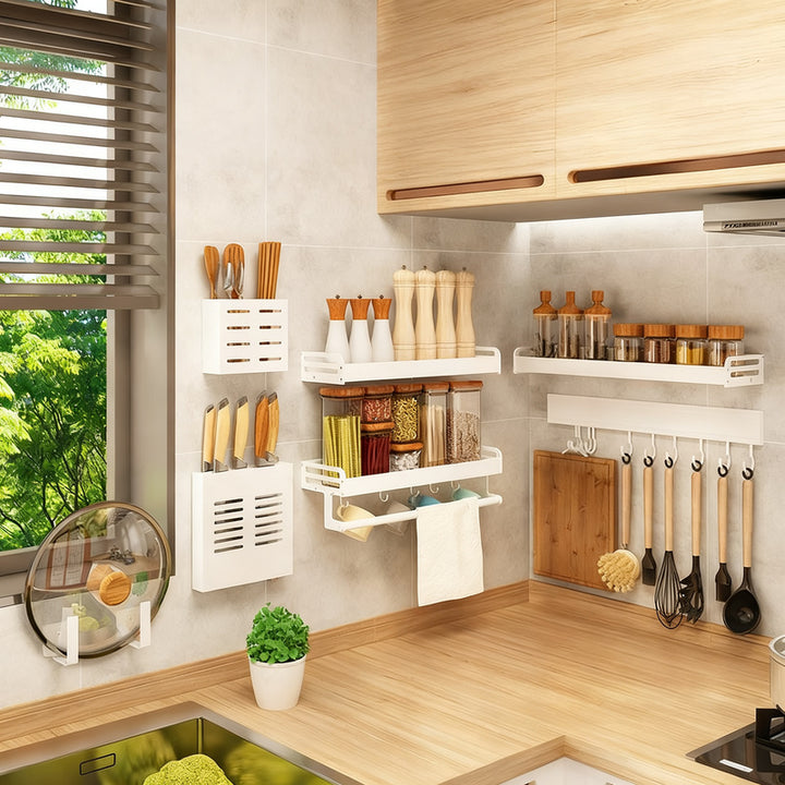 Wall-mounted kitchen shelf made of aluminum without drilling