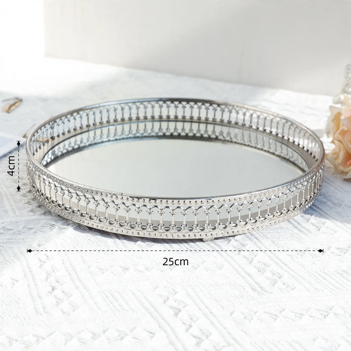 Metal mirror tray, silver, geometric