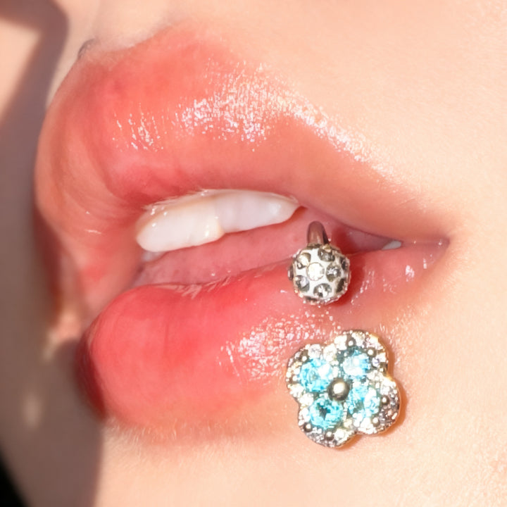 Lip studs stainless steel with rhinestones, various sizes