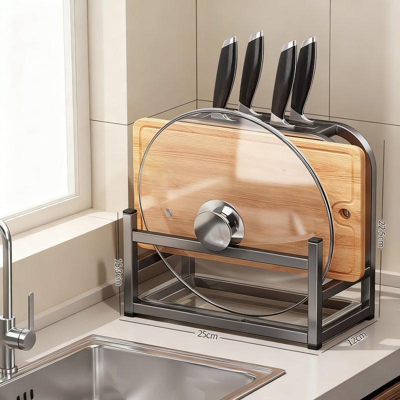 Knife block with cutting board and pot lid holder