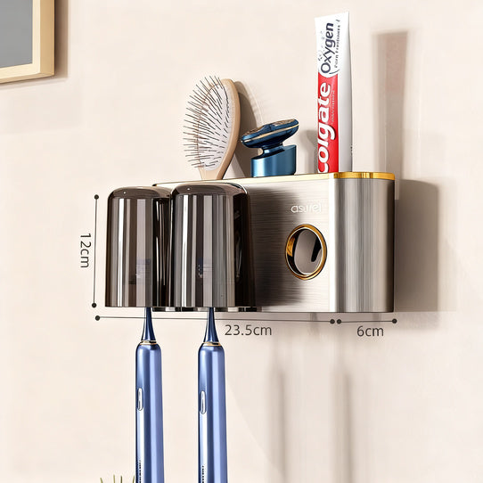 Toothbrush wall holder with toothpaste dispenser