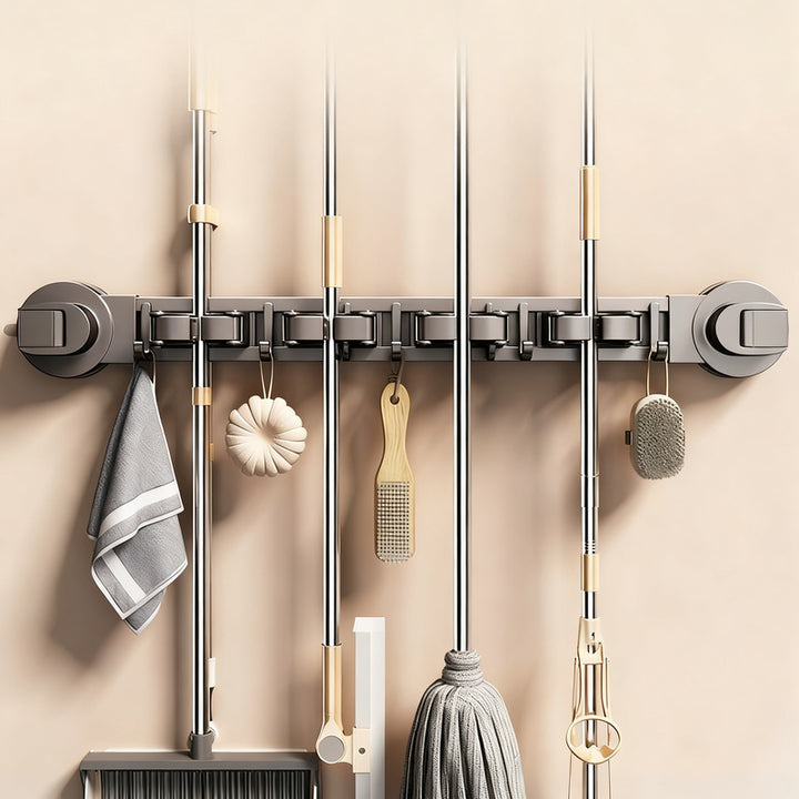 Suction cup holder for brooms and cleaning tools