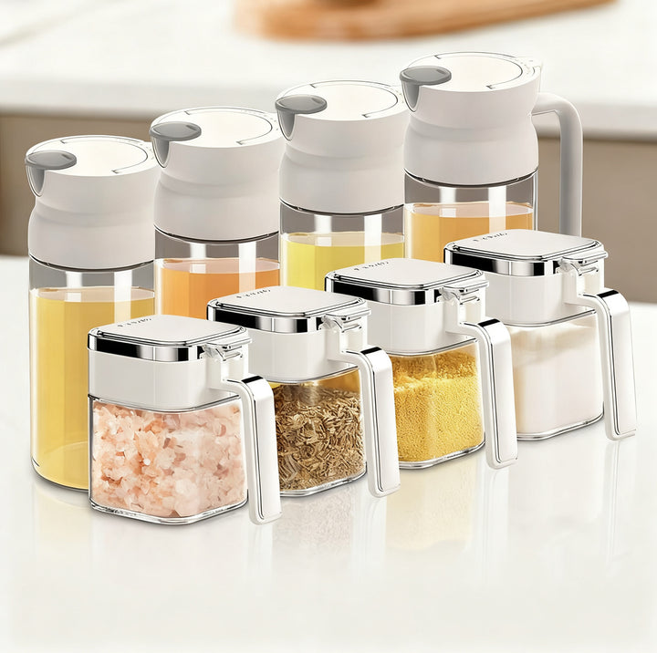 Glass oil can with automatic closure