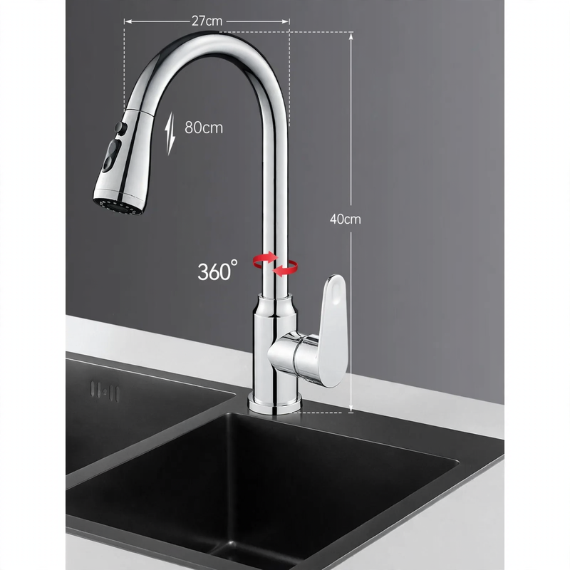 Kitchen faucet with retractable spout, cold and hot water