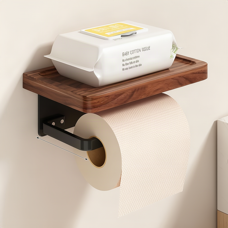 Wall mount for toilet paper, walnut wood design