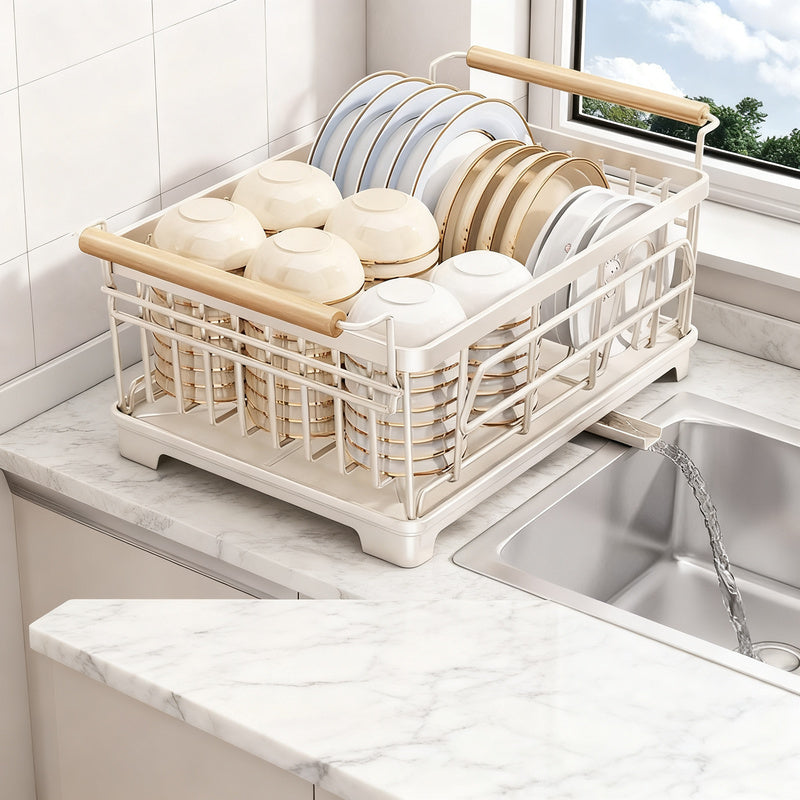 Stainless steel dish rack with draining basket