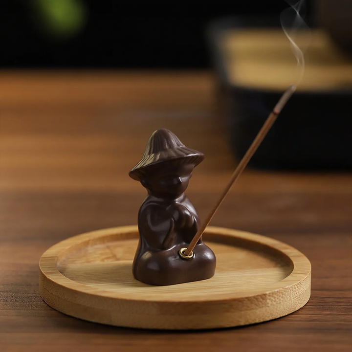 Incense stick holder lotus leaf and fisherman, resin