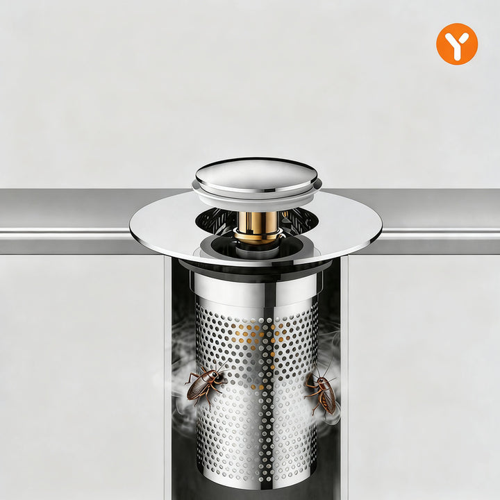 Push-button drain valve for sink, copper-plastic
