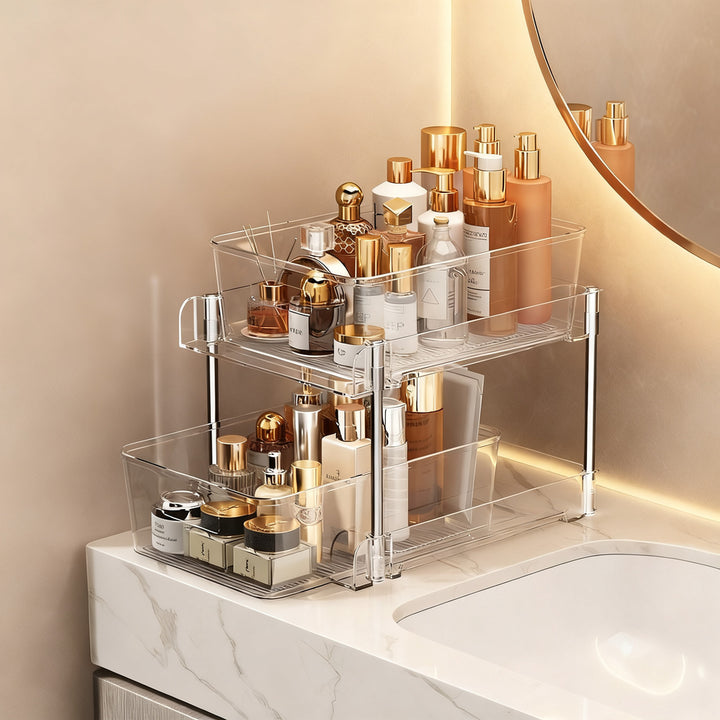 Transparent storage box for cosmetics and small parts