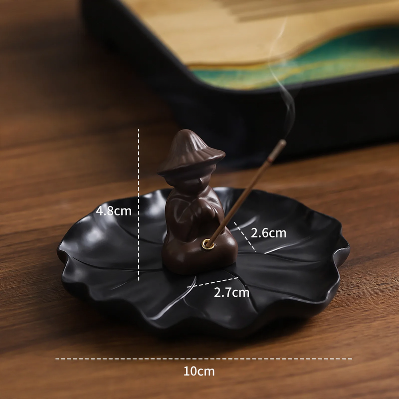 Incense stick holder lotus leaf and fisherman, resin